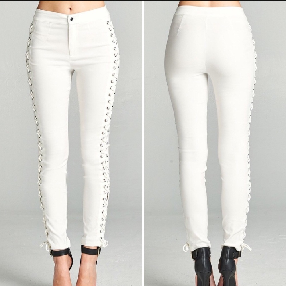 White Lace-up Skinny Pants - Picture 2 of 2